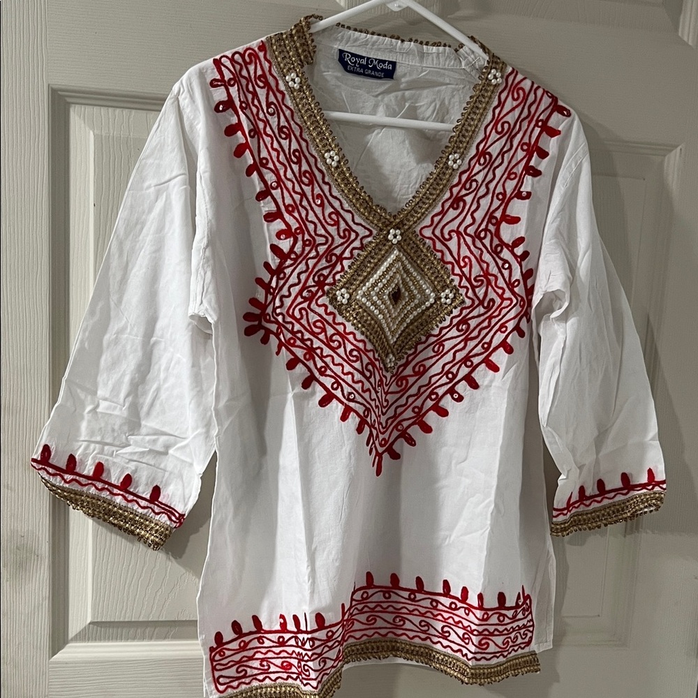 White and Red Embroidered Women's Top. ‎   CAJA. # 1 A